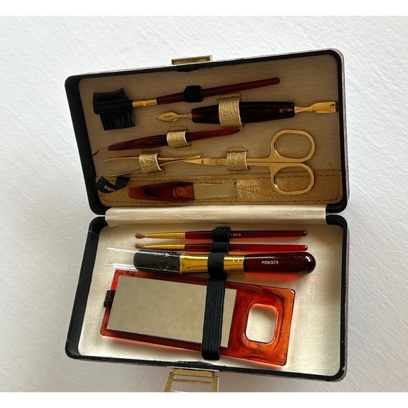 Unbranded Other - Vintage Travel Manicure Pedicure Makeup Brush Set Brown Faux Croc Case 10 pc